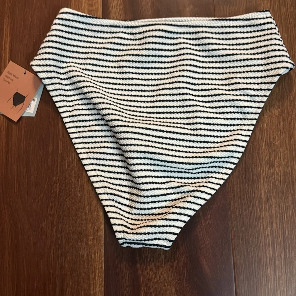 Shade & Shore Striped Black and White High-Waist Bikini Bottom Size Small